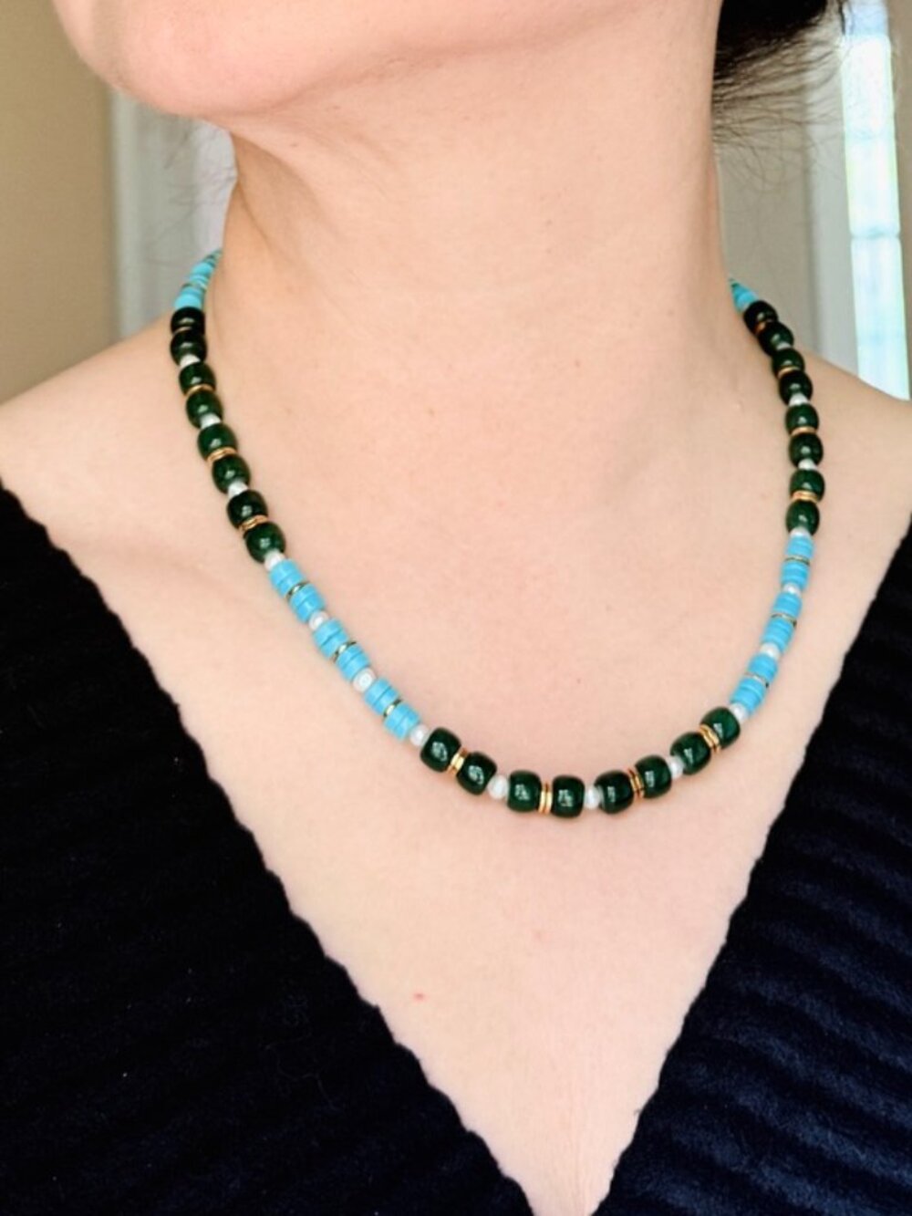 Handmade turquoise & green chalcedony necklace with freshwater pearl accents